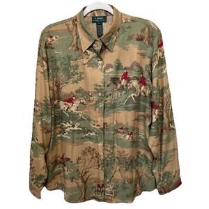 Vintage LRL Ralph Lauren Fox Hunt Blouse Women Large Sepia Equestrian Scene EUC